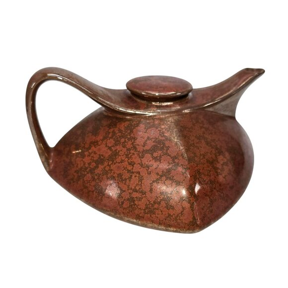 Vintage Mid-Century Modern Teapot Brown Ceramic Angular Speckled Retroneu JE109 - Picture 2 of 11